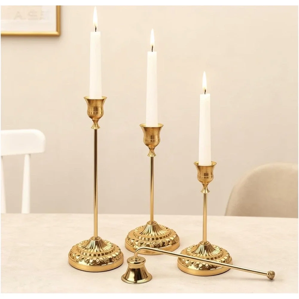 Gold Taper Candle Holder Set of 3 with Snuffer Vintage Style Ornate Base